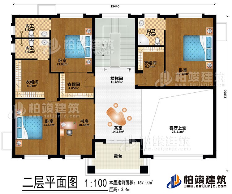 二层：茶室、楼梯间、客厅上空、3卧室、3衣帽间、书房、3内卫、露台