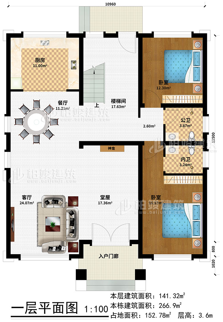 一层：入户门廊、堂屋、神龛、客厅、餐厅、厨房、楼梯间、卧室、公卫、内卫