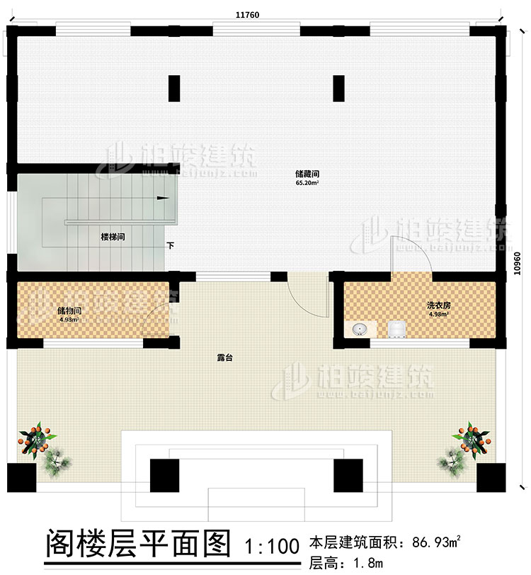 阁楼：2储物间、楼梯间、洗衣房、露台