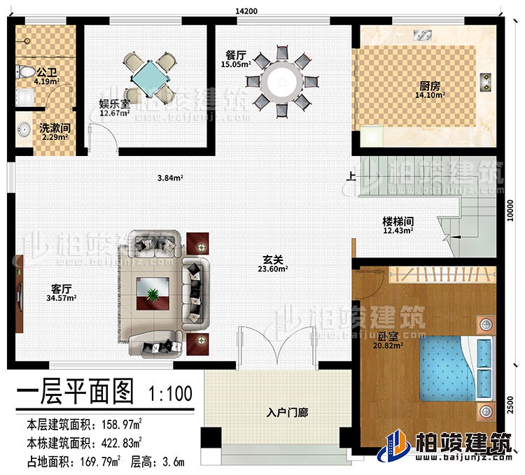 一层：入户门廊、玄关、客厅、餐厅、厨房、娱乐室、楼梯间、卧室、洗漱间、公卫