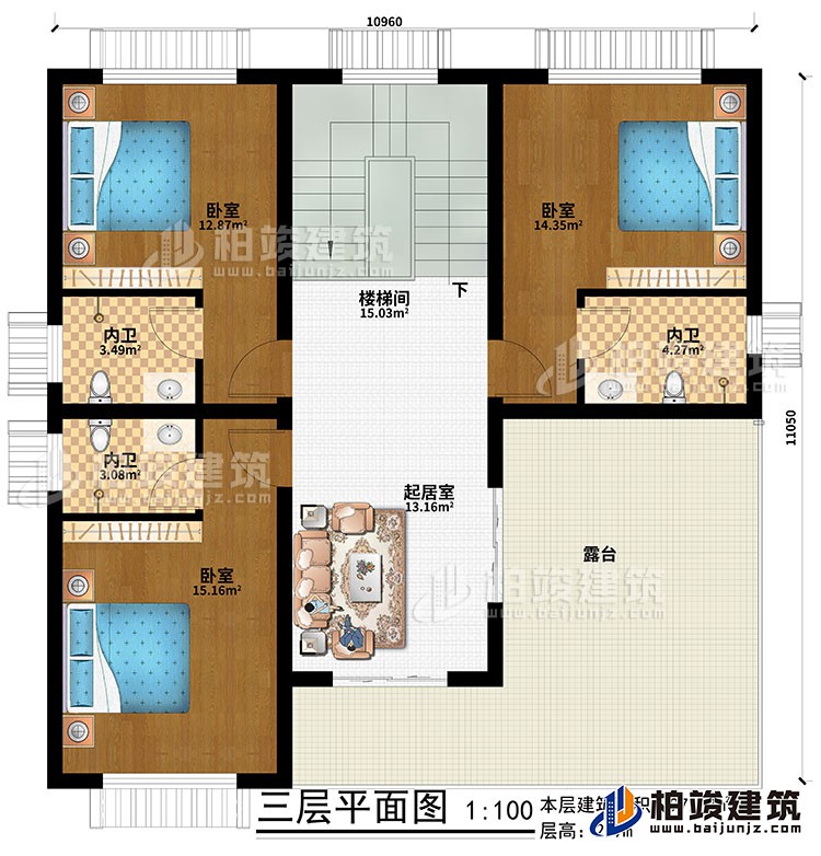 三层：起居室、楼梯间、3卧室、3内卫、露台