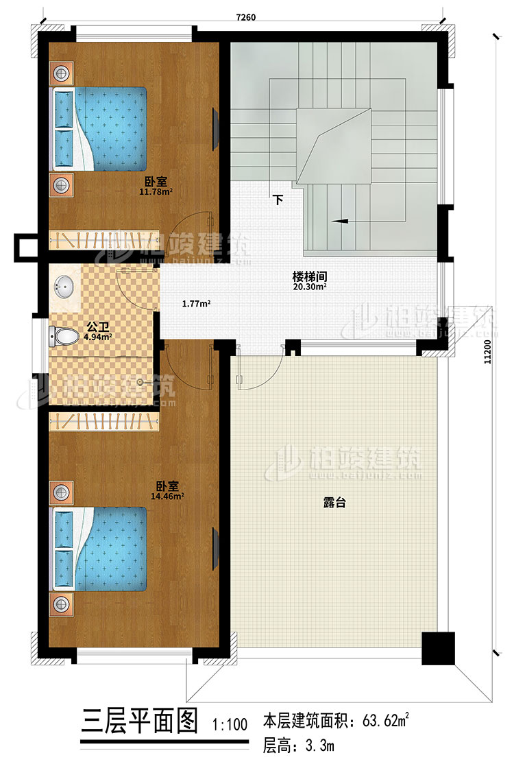 三层：2卧室、楼梯间、公卫、露台