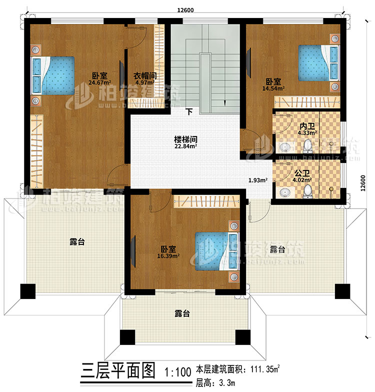 三层：楼梯间、3卧室、公卫、内卫、3露台、衣帽间