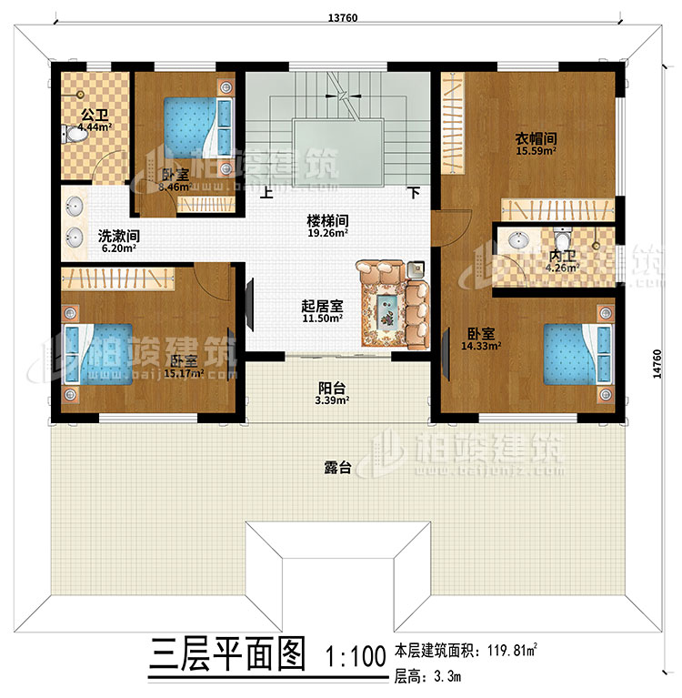 三层：楼梯间、起居室、3卧室、衣帽间、洗漱间、公卫、内卫、阳台、露台