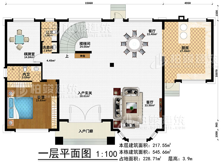 一层：楼梯间、3卧室、衣帽间、公卫、内卫、阳光房、凉亭、2露台