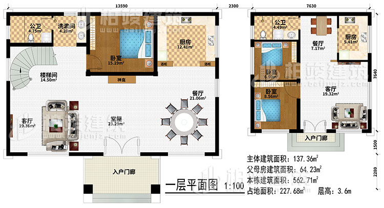 一层：2入户门廊、堂屋、2客厅、2餐厅、2厨房、3卧室、2公卫、洗漱间、楼梯间、神龛