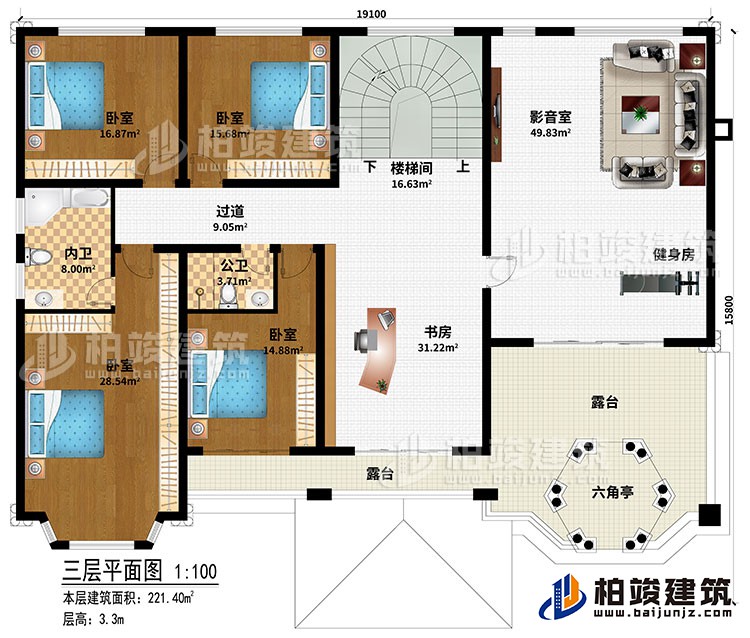 三层：楼梯间、书房、过道、4卧室、公卫、内卫、影音室、健身房、2露台、六角亭