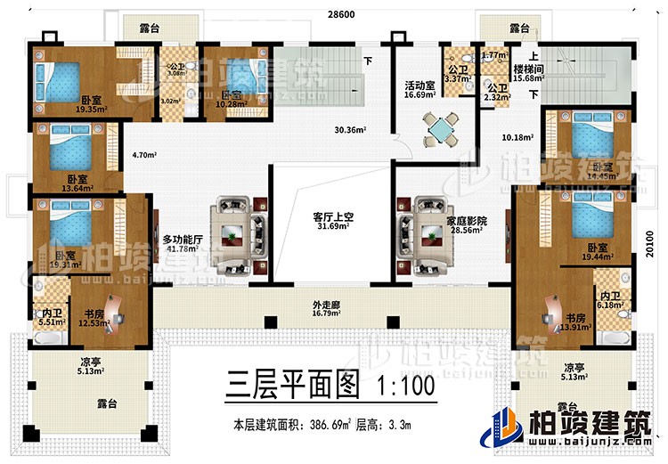 三层：多功能厅、客厅上空、家庭影院、6卧室、2书房、活动室、3公卫、2内卫、4露台、2凉亭、外走廊、楼梯间