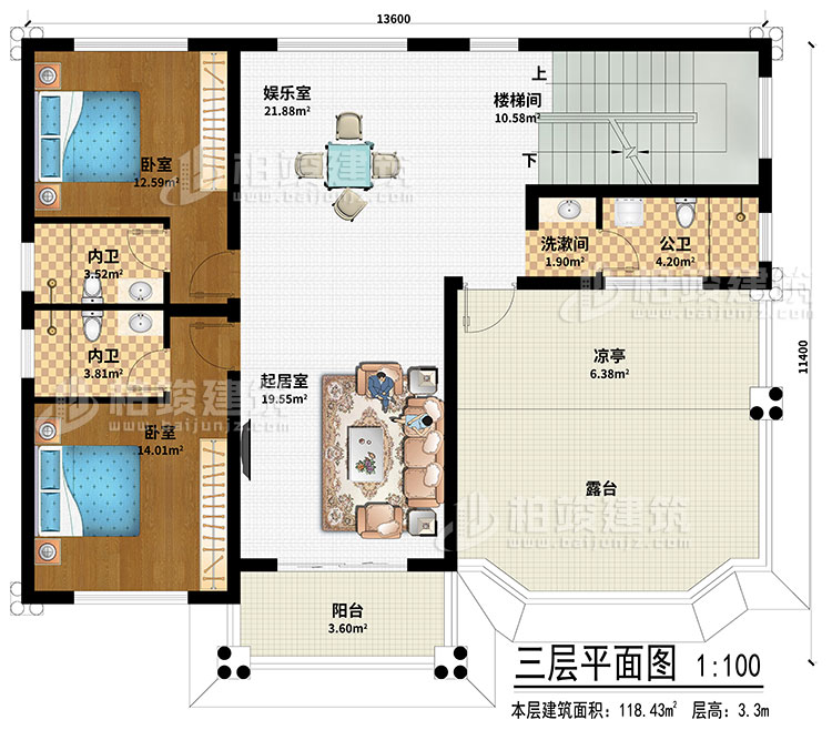 三层：起居室、娱乐室、楼梯间、2卧室、洗漱间、公卫、2内卫、凉亭、阳台、露台