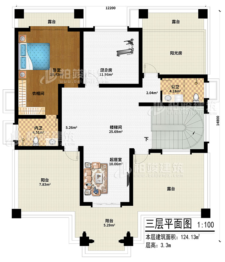 三层：起居室、楼梯间、健身房、阳光房、卧室、衣帽间、内卫、公卫、2阳台、3露台