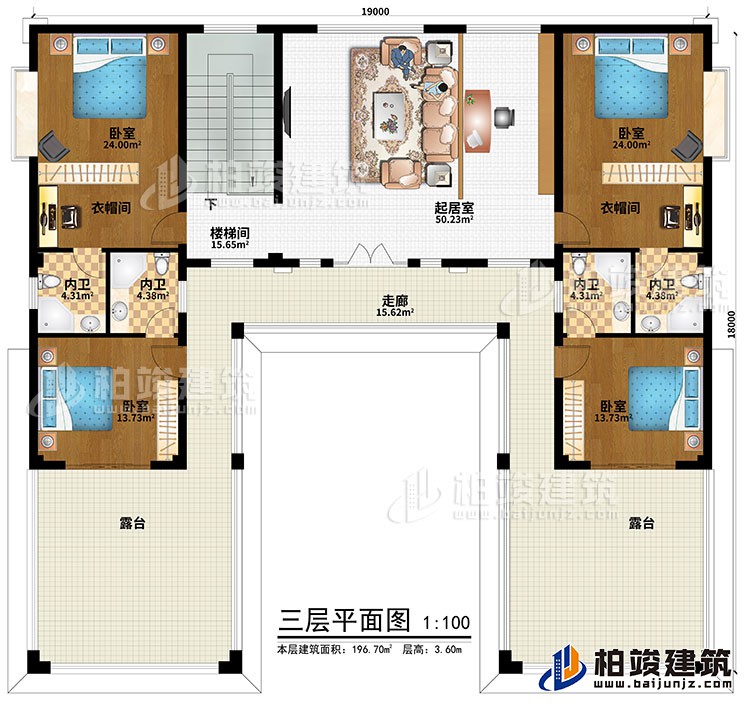 三层：楼梯间、起居室、走廊、4卧室、4内卫、2露台