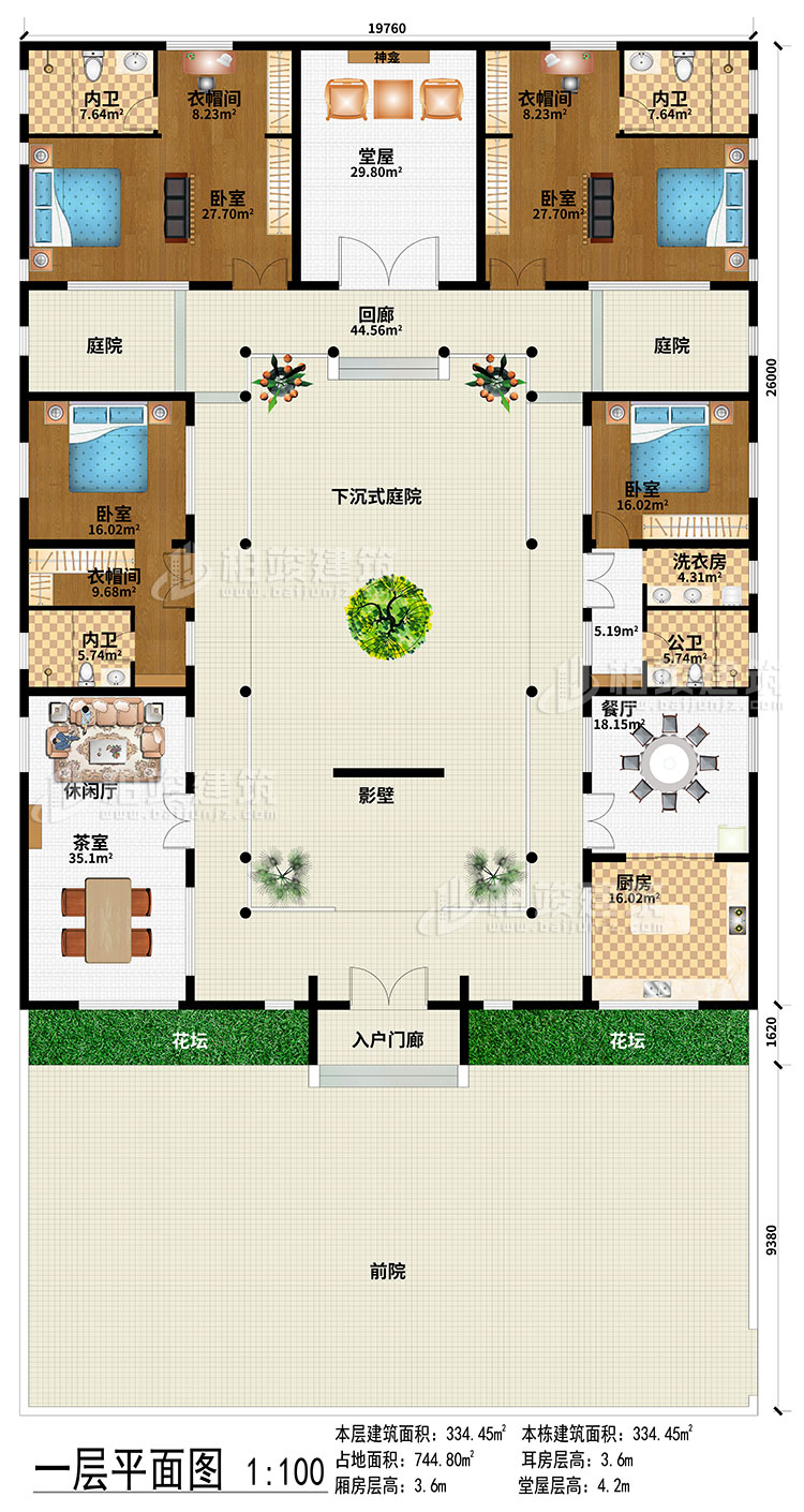 一层：前院、入户门廊、影壁、下沉式庭院、回廊、2庭院、茶室、休闲厅、餐厅、厨房、堂屋、神龛、4卧室、3衣帽间、3内卫、公卫、洗衣房