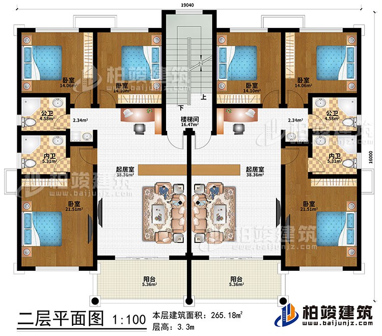 二层：2起居室、楼梯间、6卧室、2公卫、2内卫、2阳台