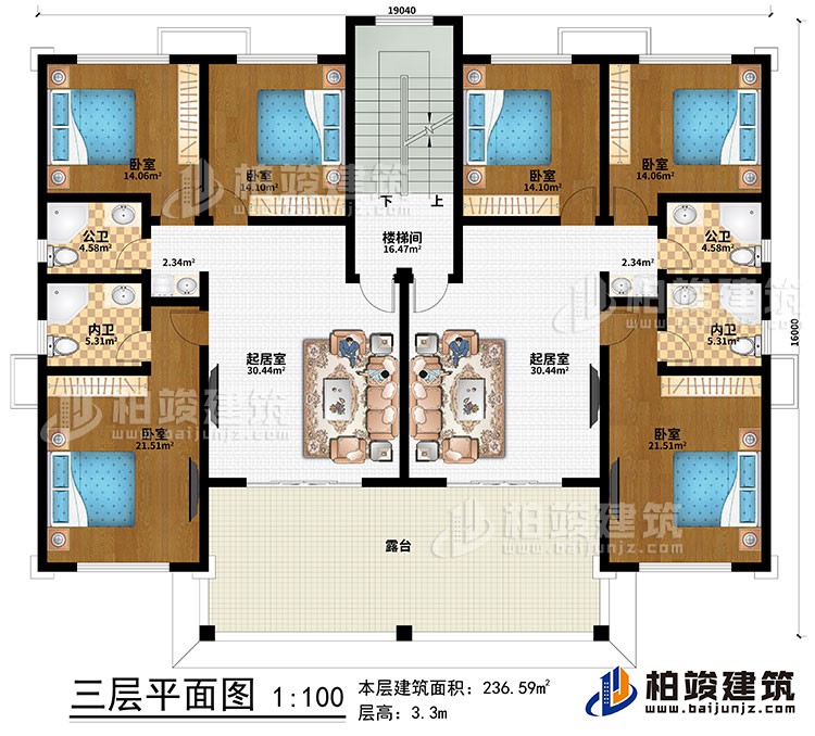 三层：2起居室、楼梯间、6卧室、2公卫、2内卫、露台