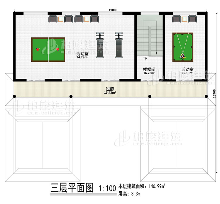 三层：2活动室、楼梯间、过廊