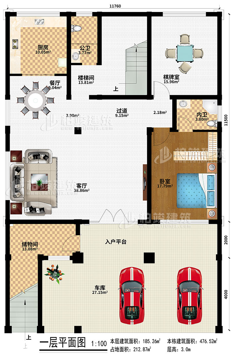 一层：车库、入户平台、储物间、客厅、过道、楼梯间、厨房、餐厅、棋牌室、卧室、公卫、内卫