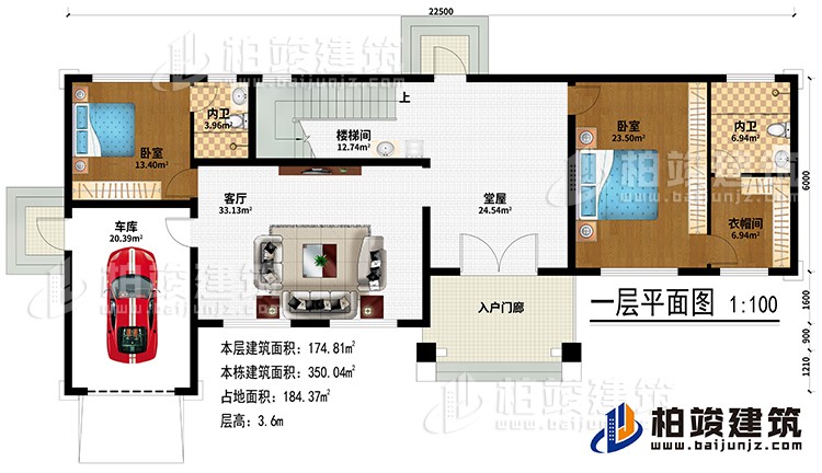 一层:入户门廊、堂屋、客厅、车库、楼梯间、2卧室、衣帽间、2内卫