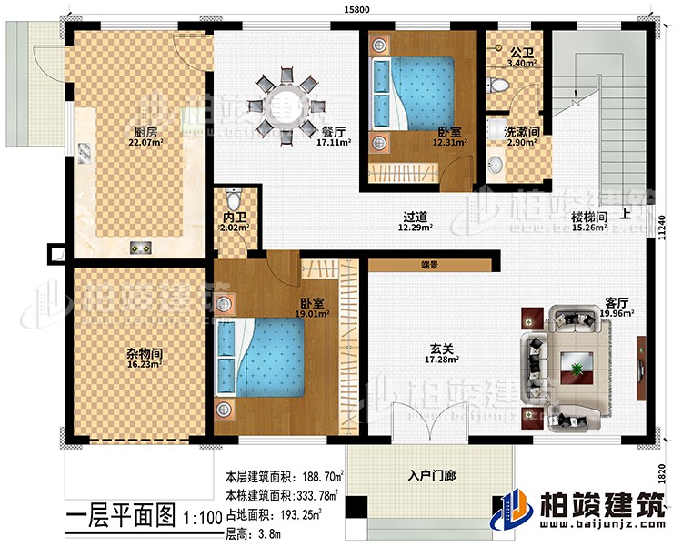 一层：入户门廊、杂物间、玄关、客厅、楼梯间、餐厅、厨房、2卧室、洗漱间、公卫、内卫、端景、过道