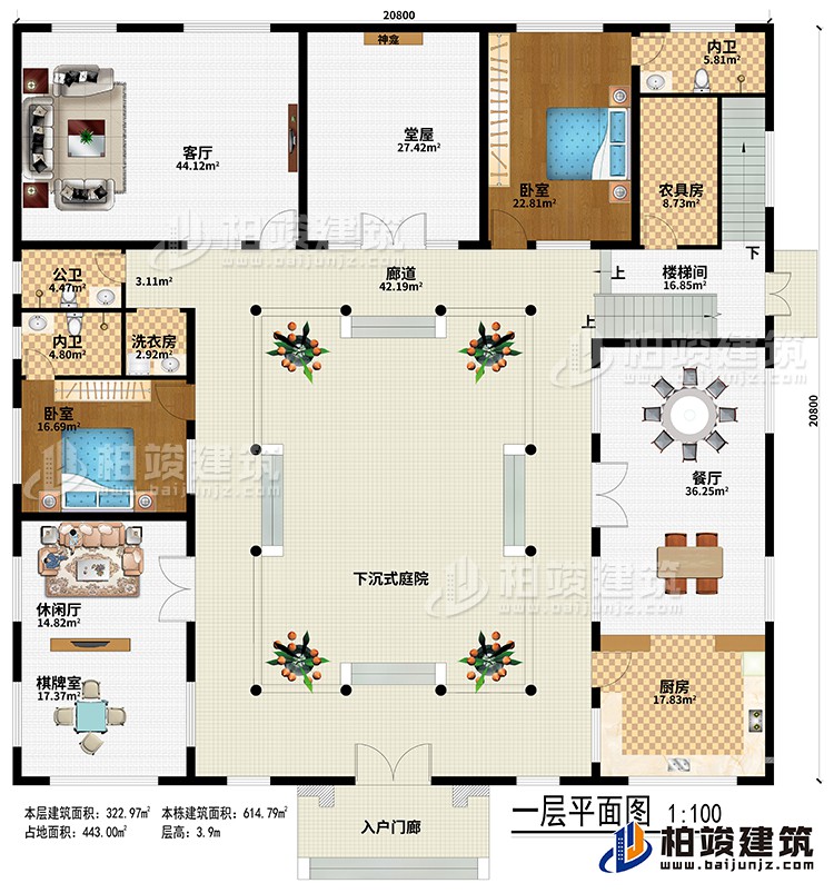 一层：入户门廊、下沉式庭院、廊道、堂屋、神龛、客厅、餐厅、厨房、休闲厅、棋牌室、农具房、楼梯间、2卧室、2内卫、公卫、洗衣房