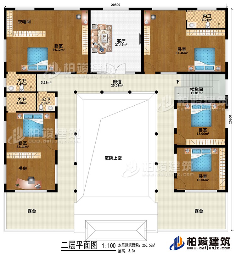 二层：楼梯间、廊道、庭院上空、客厅、5卧室、衣帽间、书房、3内卫、公卫、2露台