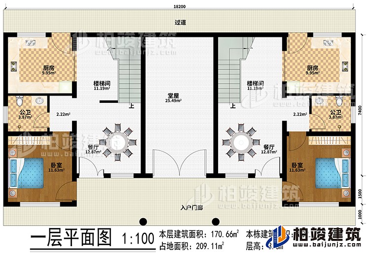 一层：入户门廊、过道、堂屋、2厨房、2楼梯间、2餐厅、2卧室、2公卫