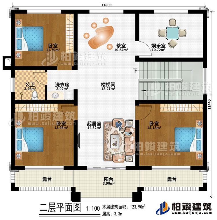 二层：楼梯间、起居室、茶室、3卧室、娱乐室、洗衣房、公卫、阳台、2露台