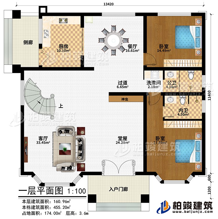 一层：入户门廊、侧廊、堂屋、神龛、客厅、厨房、餐厅、过道、2卧室、洗漱间、公卫、内卫