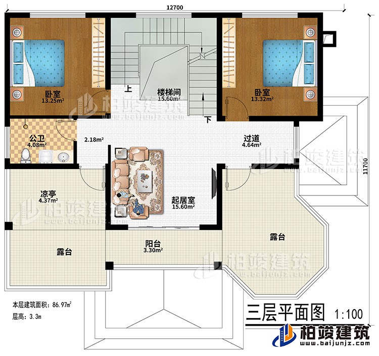 三层：楼梯间、过道、起居室、2卧室、公卫、凉亭、阳台、2露台