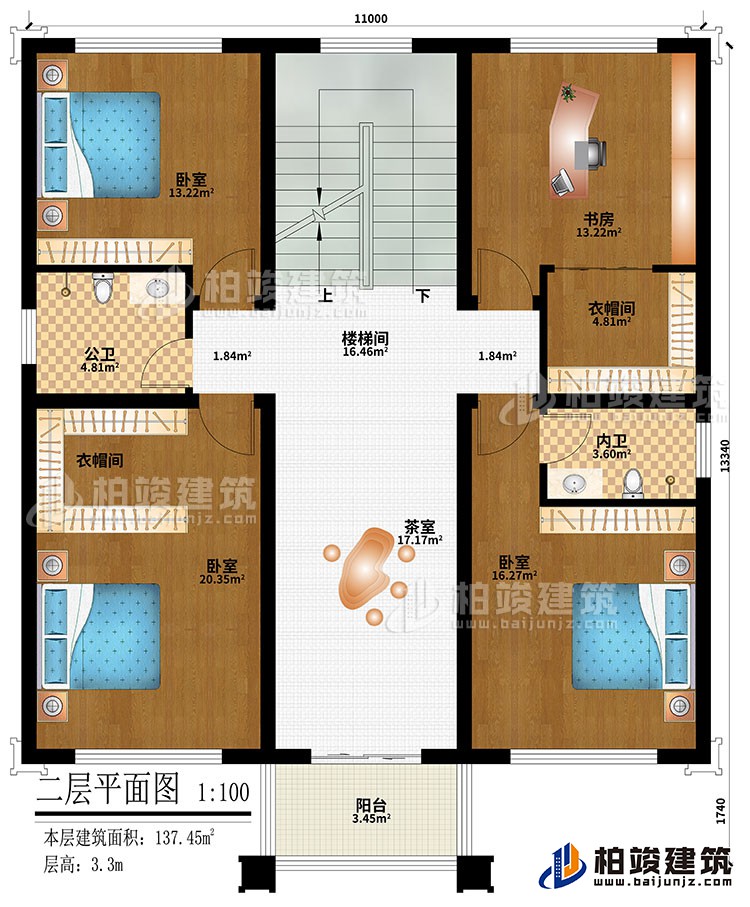 二层：楼梯间、3卧室、2衣帽间、书房、茶室、公卫、内卫、阳台