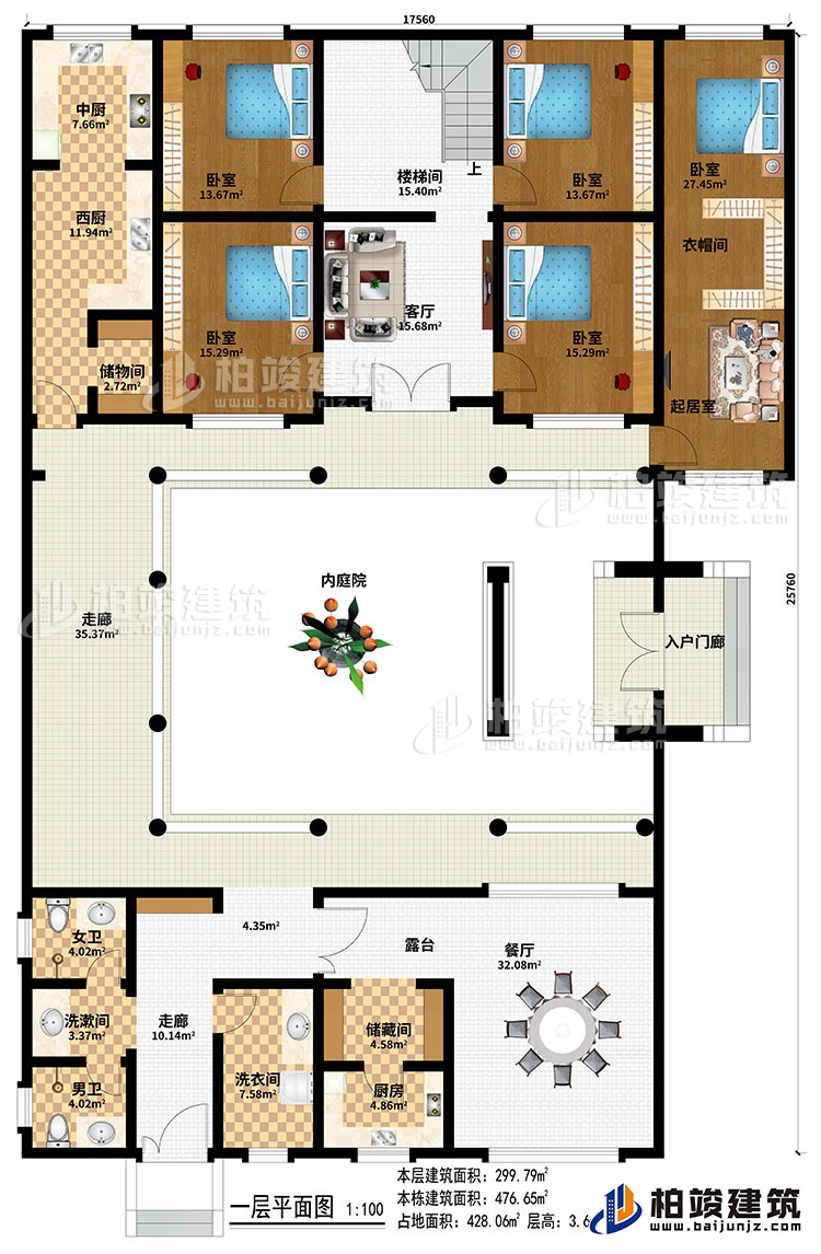 一层：入户门廊、内庭院、2走廊、餐厅、厨房、中厨、西厨、2储物间、5卧室、起居室、衣帽间、楼梯间、客厅、洗衣间、洗漱间、女卫、男卫
