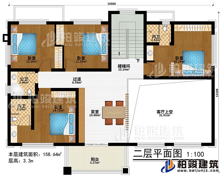 二层：楼梯间、茶室、客厅上空、4卧室、过道、公卫、2内卫、阳台